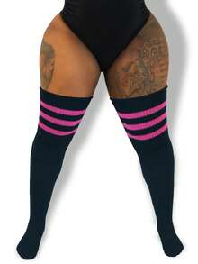 1 双加大码女式条纹过膝袜，彩色条纹过膝袜，大码女式运动腿套，角色扮演动漫袜 - 多色 - 查看 14