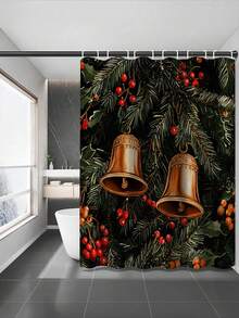 1/4 Stücke Weihnachts-Stechpalme & Tannenzapfen Glocke Muster wasserdichter Duschvorhang Set mit 12 Haken, geeignet für Fenster, Badezimmer, verschiedene Größen erhältlich