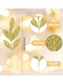 12 chiếc lá nguyệt quế lấp lánh Giáng sinh, que cắm cây thông Noel nhân tạo, bình xịt cho vòng hoa cây thông Noel, trang trí bó hoa cưới, Giáng sinh - Vàng - Xem 3
