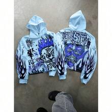 Men's Spring/Fall Y2K Niche Graffiti Abstract Print Couple's Oversized Casual Versatile Hoodie - 藍色 - 查看 5