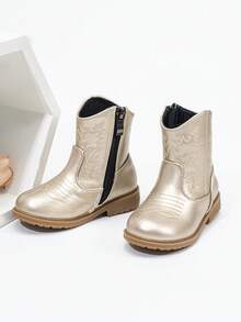Botas con bordado de tótem de otoño/invierno, nuevas botas occidentales para bebé versátiles, resistentes al desgaste, cálidas y cómodas con estilo minimalista y cremallera lateral - Dorado - Ver 4