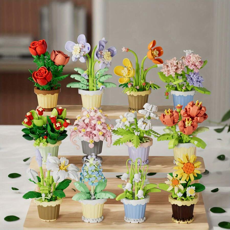 300片DIY永生创意花盆多肉植物积木套装，适合爱好者和收藏家，可作桌面装饰，是送给女孩、情人节、生日或圣诞节的理想礼物。