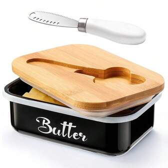 带竹盖的黄油盘 - 带盖黄油盒，配有黄油刀，适用于台面，带盖密封黄油容器，适用于东西海岸黄油