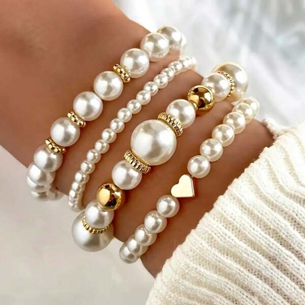 4pcs Elegant & Playful Faux Pearl Bracelet Set With Heart Charm - Versatile Fashion Jewelry For Women, Ideal For Daily Wear, Parties & Holiday Gifts, Perfect All-Season Accessory, Pearl Jewelry