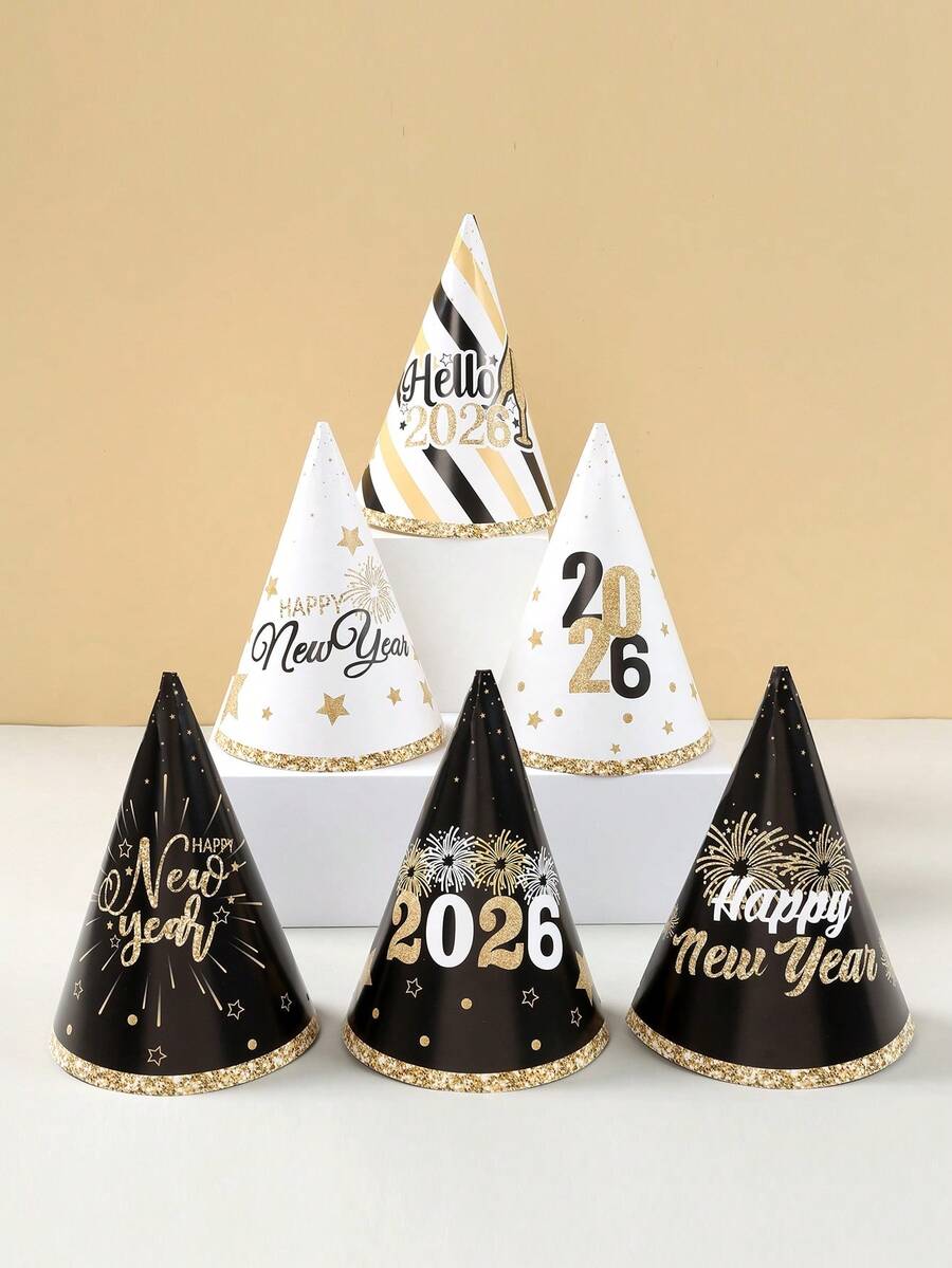 6Pcs 2026 Black & Gold New Year Party Paper Hats,DIY Decorative Hat With Fireworks & Stripes Design,New Year Photo Props Hats,Happy 2026 New Year Party Decor,Happy New Year Decorations,New Year Celebration,New Year Eve Ceremonies Decor - Multicolor - View 1