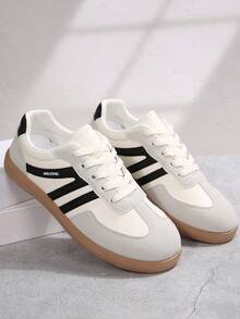 Zapatillas casuales de estilo vintage con cordones y bloque de color de punta redonda para mujer, primavera/otoño 2025