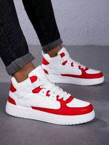 1 par de zapatillas de skateboard de caña alta para hombres, blanco y rojo, cómodas zapatillas casuales con cordones y suela de EVA, adecuadas para uso diario, ir y venir, ocio, fitness, reuniones y talla grande, otoño