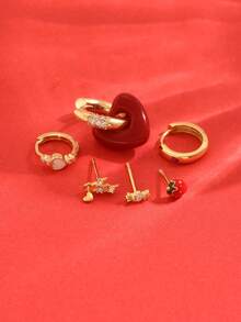 1 Set Of 6pcs Sparkling Zirconia Cute Strawberry Earrings, Earrings & Ear Clips Fashion Jewelry Set For Women, Suitable For Party, Holiday, Date Or Wedding