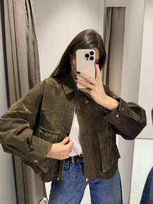 Chaqueta de ante verde oliva para mujer, abrigo con solapas oversize de manga larga con bolsillos, ropa de calle para otoño e invierno