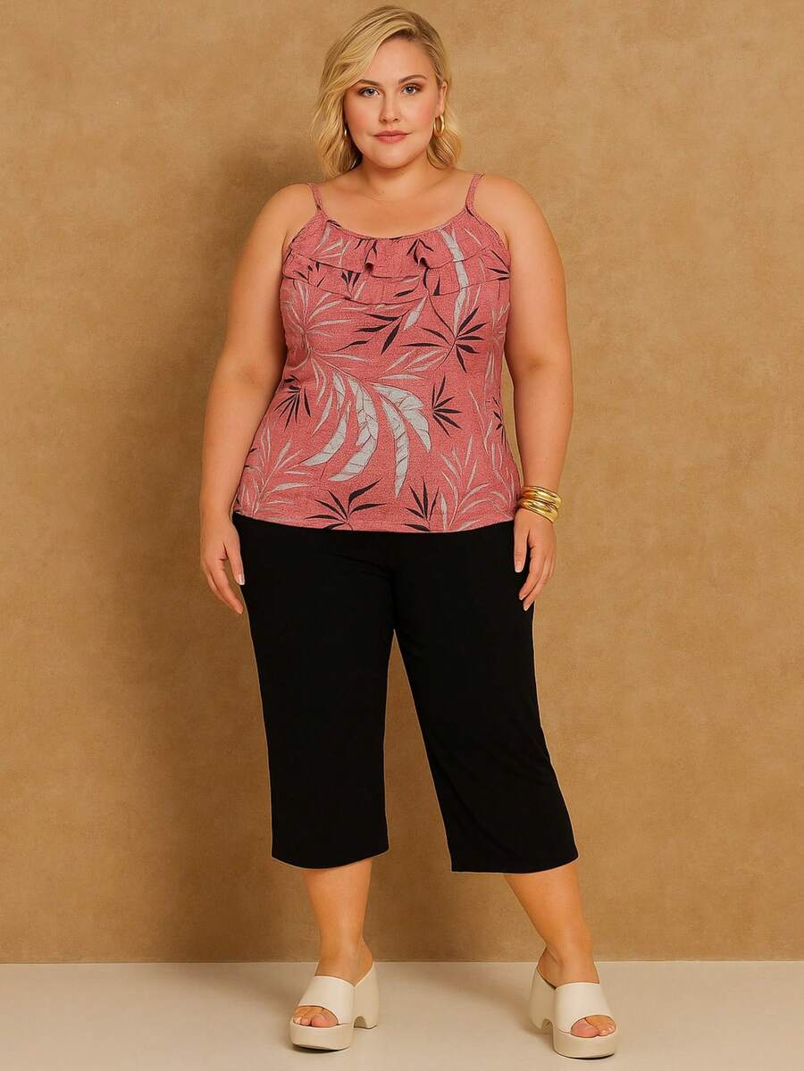 Blusa Plus Size com Estampa Tropical, confeccionada em malha, com detalhes franzidos e leve elasticidade para um look confortável de verão - Multicolorido - Visão 1