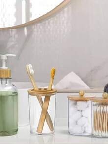 [4pcs Bamboo Set] 4pcs Bamboo Bathroom Accessories Set Rustic Boho Decor, Soap Dispenser, Toothbrush Holder, 2 Swab Holder Jars, Bathroom Home Decor Essentials, Swabs Pads And Toothbrush Not Included