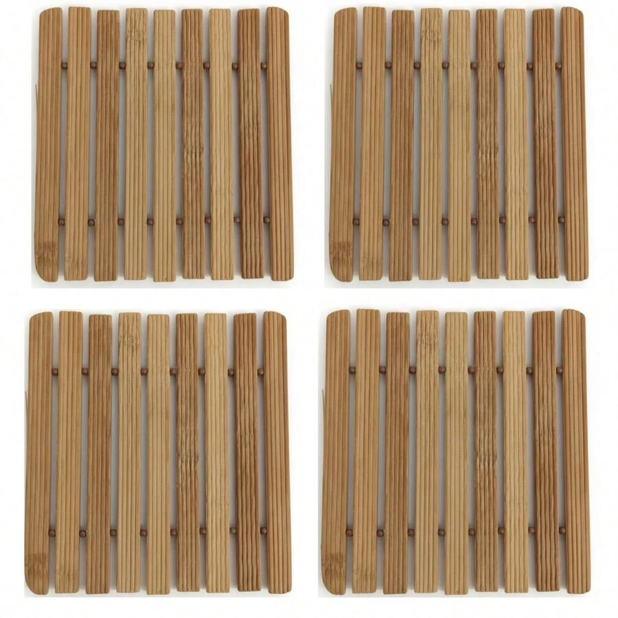 Set Of 4 Slatted Table Rests, Square Bamboo Pot Holders, 100% Wood - 4 Đơn vị - Xem 1