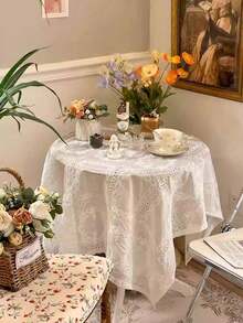 1pc Romantic Elegant White Exquisite Embroidered Rectangular Tablecloth, French Relief Embroidery Tablecloth, Polyester Fiber, Vintage Palace Style Coffee Table Dining Tablecloth, For Wedding, Home Decor, Birthday, Hawaiian Theme, Atmospheric American Background Cloth - White - View 8