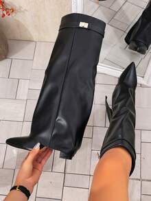 秋冬女士过膝翻边宽松鲨鱼靴坡跟尖头时尚锁扣套穿派对性感靴 - 黑色 - 查看 8