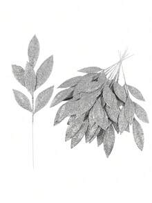 12Pcs Christmas Glitter Bay Leaf, Artificial Christmas Tree Picks Sprays For Christmas Tree Wreath Floral Wedding Bouquet Decoration,Christmas - Silver - View 8