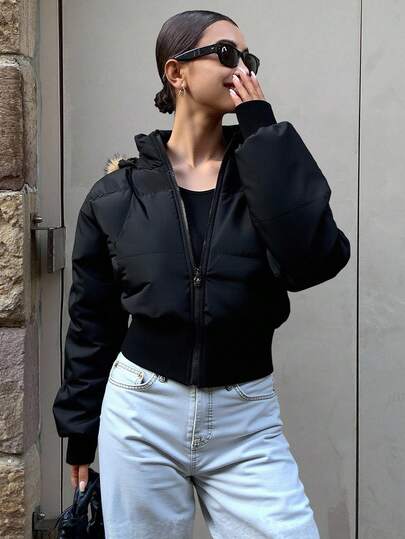 Livesso 女式厚羊毛拼色拼接短款连帽夹克，休闲时尚修身腰部加厚外套，冬季