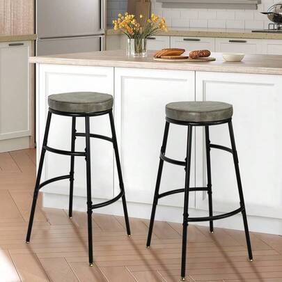 Leather Bar Stools Set Of 2, Kitchen Round Bar Chairs With Footrest, Industrial Pub Stools, Sturdy Steel Frame, Adjustable Feet, For Dining Room, Kitchen, Party, Easy Assembly