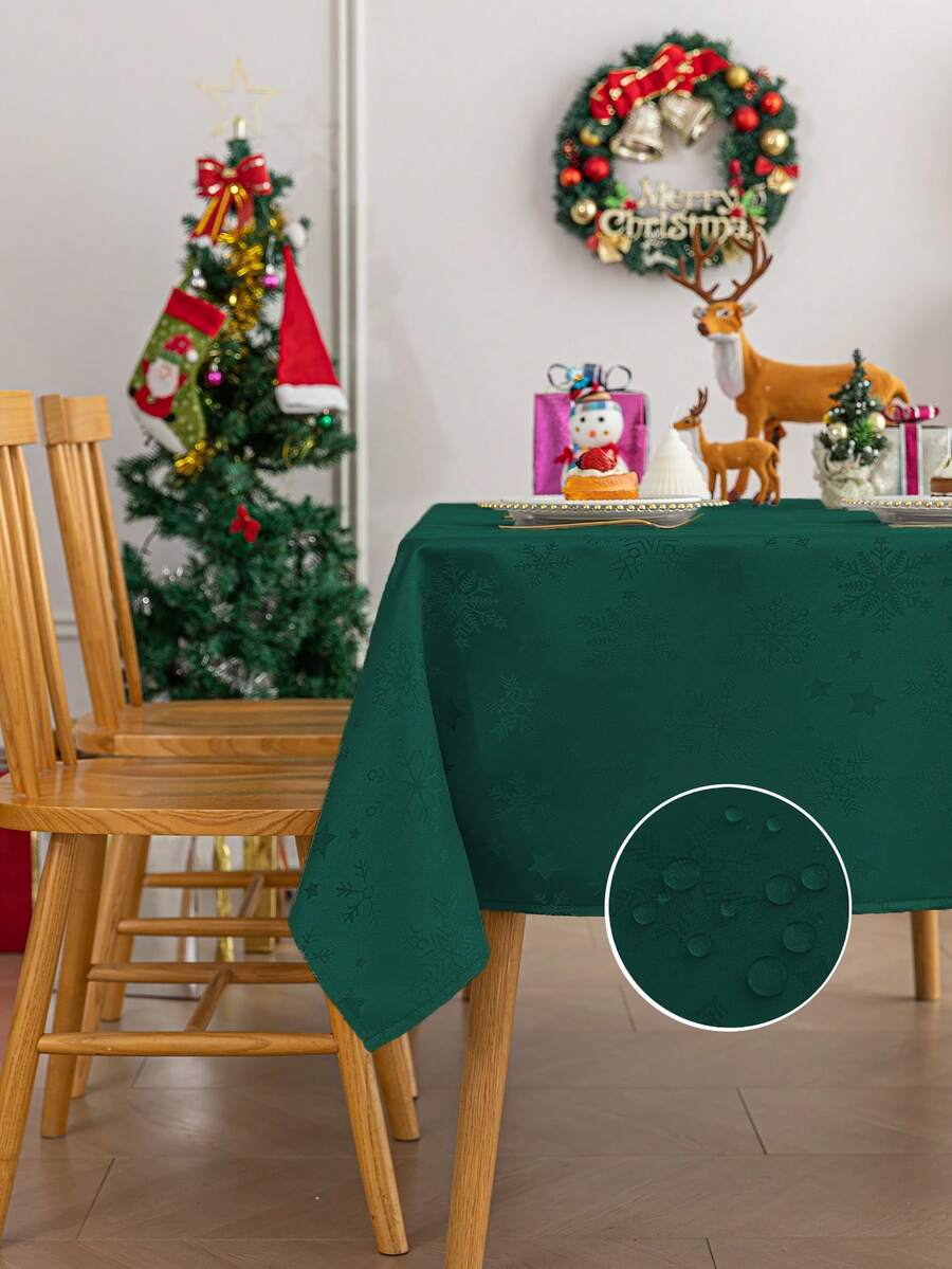 1pc Water-Repellent Snowflake Star Pattern Jacquard Rectangular Multi-Size Tablecloth, Premium Satin Pattern Tablecloth, Washable Polyester Decorative Tablecloth, Suitable For Various Dining Occasions, Including Christmas Party Themes - Dark Green - View 1