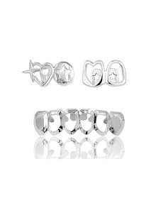 THATBOY 3pcs/Set Fashionable Hollow Heart & Star Tooth Grillz, DIY Combination Hollow Open Face Hiphop Tooth Jewelry Set, Suitable For Festivals, Parties, And Daily Wear