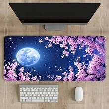 Pink Cherry Blossoms And Full Moon Mouse Pad Abstract Mouse Pad Stars Moon And Sky Non-Slip Rubber Base Large Mousepad Stitched Edges Keyboard Mouse Mat Desk Pad For Office And Home