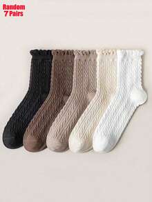 5 Pairs Women's Solid Color Braided Fashion Casual Versatile Mid-Calf Lace Socks, Fall Socks