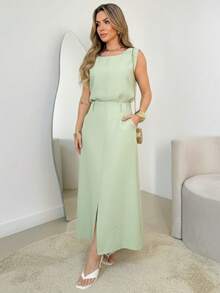 Long Linen Set, Consisting Of A Skirt With A Slit And A Blouse With Details On The Straps - 薄荷綠 - 查看 3