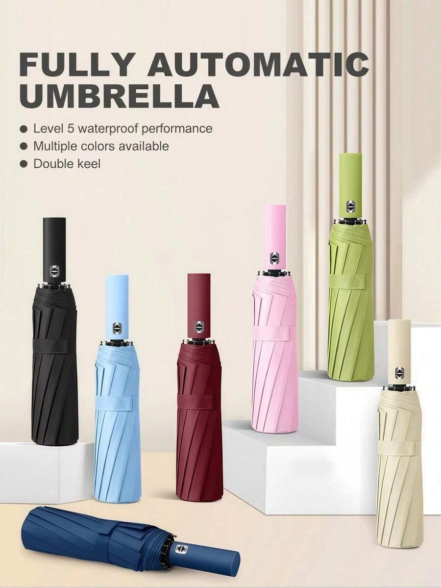 Automatic Folding Umbrella For Women & Men - Premium Windproof & Sun Protection Compact Travel Umbrella | Luxury Business Design With 24 Strong Ribs | Pink Umbrella (Sombrilla) For Heavy Rain & UV Shield, Perfect Portable Style - Multicolor - View 1