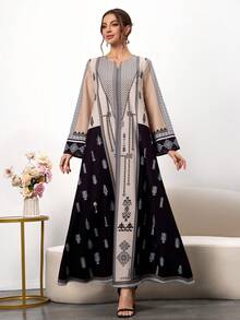 女士优雅花卉图案长袖V领复古连衣裙，适合日常穿着 - 彩色 - 查看 8