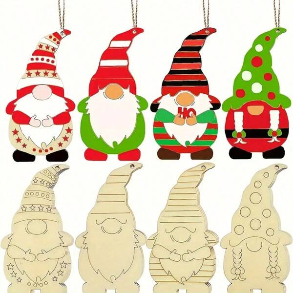 4pcs Vintage Christmas Gnome Wooden Decorations (With Rope) - DIY Craft And Painting Kit, Great For Holiday Decor
