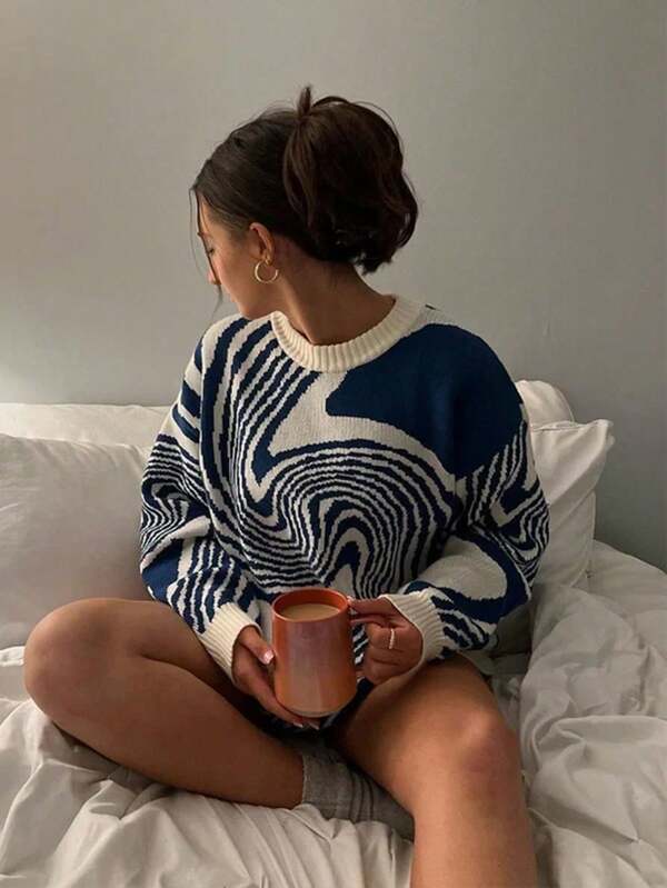 Women's Spiral Knit Sweater, Dropped Shoulder Knit Top