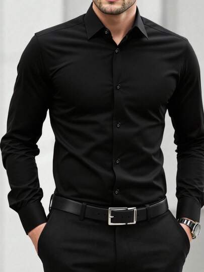 Camisa formal casual de manga larga de un solo pecho de unicolor para hombres, otoño