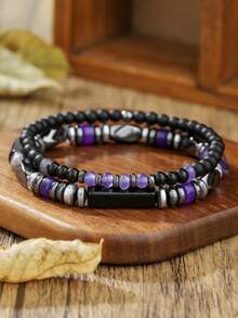 2/3pcs Teens' Fashionable Elastic Cube & Volcanic Stone Beaded Bracelet Set, Suitable For Friend Gifts, Punk Style Multi-Layer Stacking Creative Bracelet, Matching Father-Son Outfits For Travel Or Vacation - Multicolor - View 18