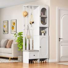 Compact Wardrobe 85*33.5*200 Cm, Home Furniture With 2 Wardrobes, Tempered Glass Storage Cabinet, Wardrobe Set, White Entrance Cabinet, Coat Rack With Shoe Bench And Cushions - White - View 2