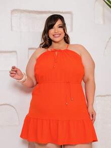VESTIDO  Estampa total  Florzinhas    Franzido  Bainha com babado    Férias - Laranja Liso - Visão 4