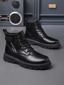 Men's High Top Combat Ankle Boots, Side Zipper Lace Up Faux Leather Casual Work Boots, Non-Slip Wear-Resistant Thick Sole Outdoor Hiking Boots For Men Fall Winter Daily Wear - 黑色 - 查看 3