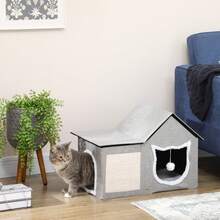 PawHut Cat Bed For Indoor, Large Cat House With Soft Cushion, Scratching Pad, Dangling Ball, Kitten Condo Hideaway With Dual Entrances, Grey - Grey - View 1