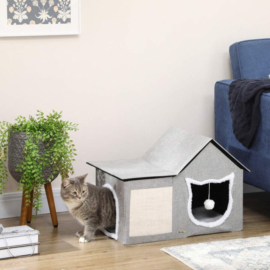 PawHut Cat Bed For Indoor, Large Cat House With Soft Cushion, Scratching Pad, Dangling Ball, Kitten Condo Hideaway With Dual Entrances, Grey - Grey - View 1
