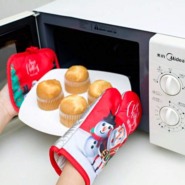 2pcs Christmas Snowman & Santa Claus Heat Resistant Oven Gloves, Thick Baking Microwave Gloves, Christmas Series Anti-Scald Gloves
