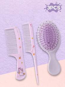 3pcs Unicorn Comb Set, Cartoon Design Air Cushion Brush And Fine Tooth Tail Comb, ABS Handle, Durable Plastic Bristles, Suitable For Children's Daily Hair Care/Styling/Dyeing/Perming, Perfect Gift For Kids - Multicolor - View 3