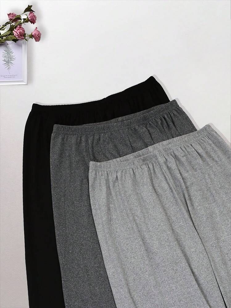 3pcs Set Solid Black + Dark Grey + Light Grey Women's Pajama Pants, Polyester Knit Fabric, Casual Style Ladies Trousers, Thin Comfortable Fit For Spring/Summer - Multicolor - View 4