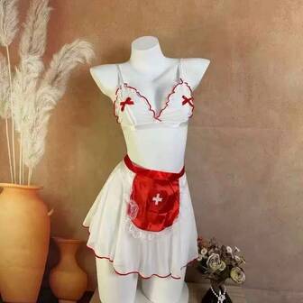 "Pure And Sexy Nurse-Maid Seductive Lace Camisole Dress Uniform Set, Erotic Cosplay Lingerie, Top + Midi Skirt + Apron + Panties (4-Piece Set)" Sexy Lingerie