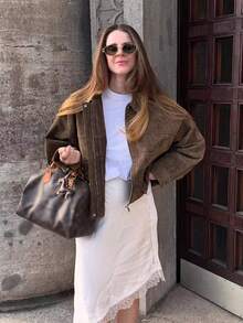 Chaqueta de ante verde oliva para mujer, abrigo con solapas oversize de manga larga con bolsillos, ropa de calle para otoño e invierno