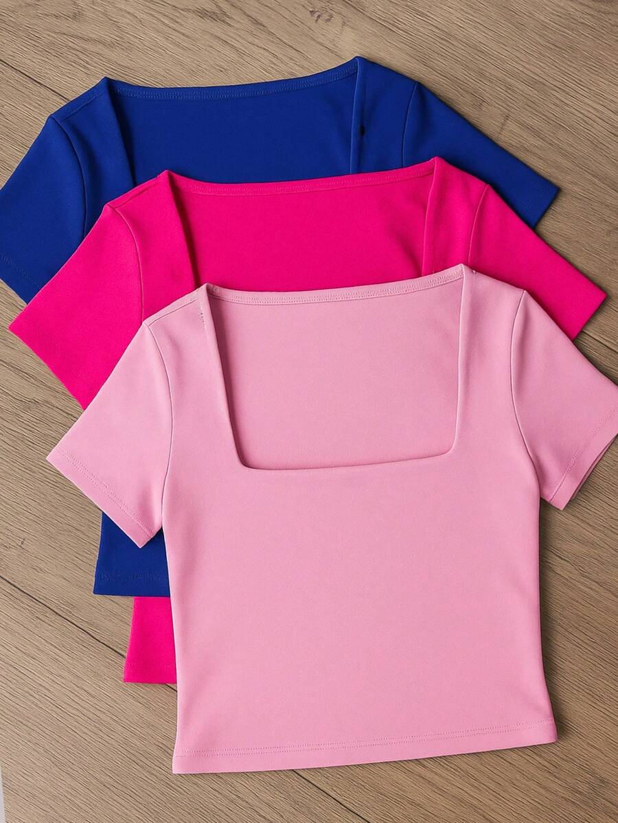 Square Suplex Cropped Top With Casual Lining For Women, Kit With 3 - 比克藍/粉紅色/淡粉紅色 - 查看 1