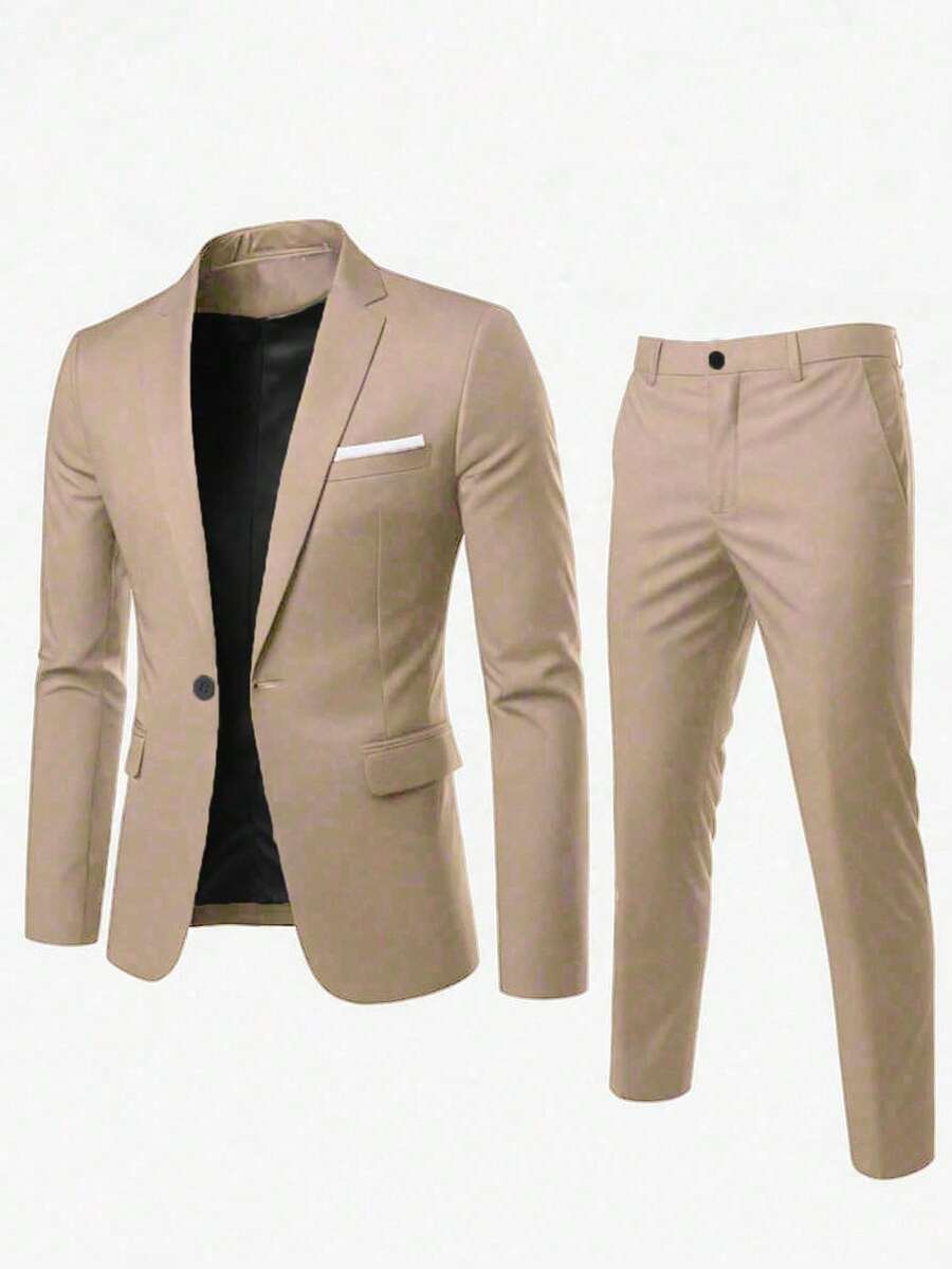 Conjunto de traje casual para hombres que incluye chaqueta y pantalones, versátil para primavera y otoño - Caqui - Ver 1