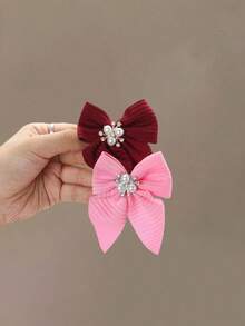 3/6pcs/Set Girls Solid Color Textured Bow Pearls Crystal Hair Clips, Elegant Princess Hair Accessories For Daily Use