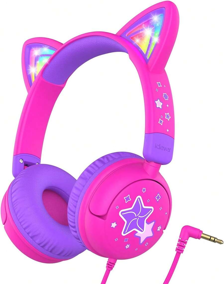 iClever HS25 Audífonos para niños Orejas de Gato, luz LED, Volumen de 85 dBA, Sonido estéreo, Foldable 3.5mm, sobre la Oreja Audifonos niña, Escuela, Viajes, Rosa Fuerte - Rosa Fuerte - Ver 1