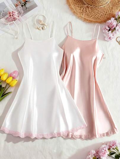 Two Pieces Set Of New Solid Color Women's Sexy Lingerie, Back Tie Straps, Backless Satin Dress, Loose And Comfortable Nightgown