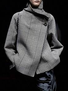 Women's Vintage Houndstooth Double-Breasted Jacket Loose Asymmetrical Hem Long Sleeves Button 2025 New Fall Winter Outerwear For Women - 黑色 - 查看 5