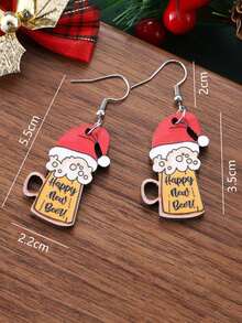 1 Pair Of Christmas/New Year Christmas Hat Beer Cup Pendant Wooden Ladies' Earrings, An Excellent Christmas, Beer Festival, New Year Gift, And Beautiful Vacation Accessory