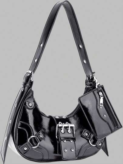 DareSee 女士韩版朋克风休闲单肩黑色包包，适合音乐节、Y2KFest、返校季、秋季、圣诞节等场合，完美搭配圣诞服装，是参加派对、圣诞节、冬季活动的理想之选，也是送给女性的最佳圣诞礼物。